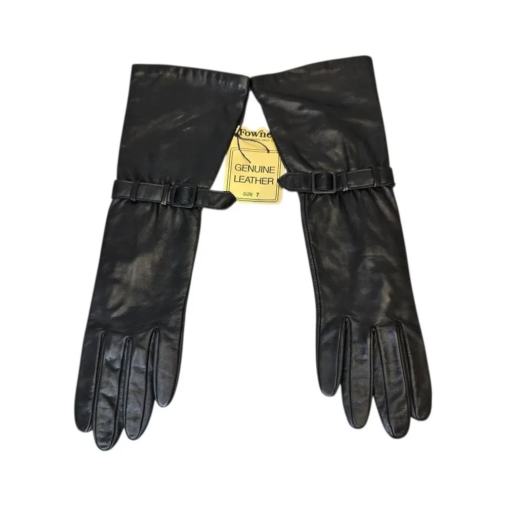 NWT Vintage Fownes Women's Size 7 Buckle Strap Long Black Genuine Leather Gloves